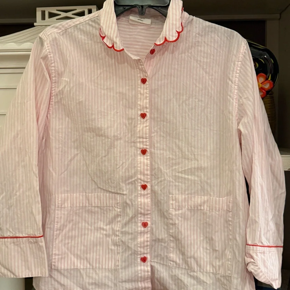 LAKE pajamas Medium M pink striped pj top red piping heart buttons - Picture 4 of 5